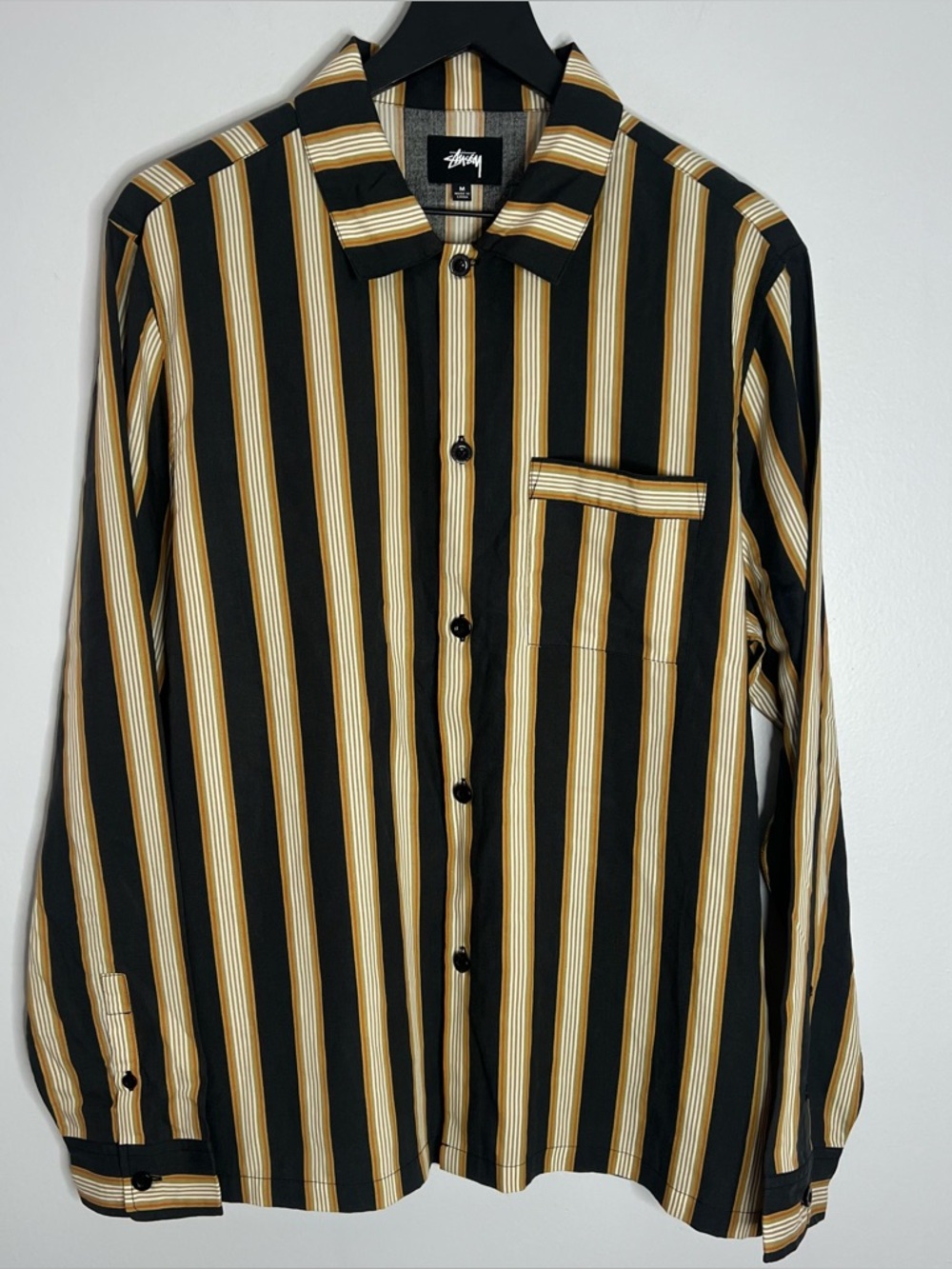 Stussy Cove Striped Long Sleeve Button Down Shirt Mens Medium Black Tan NWOT